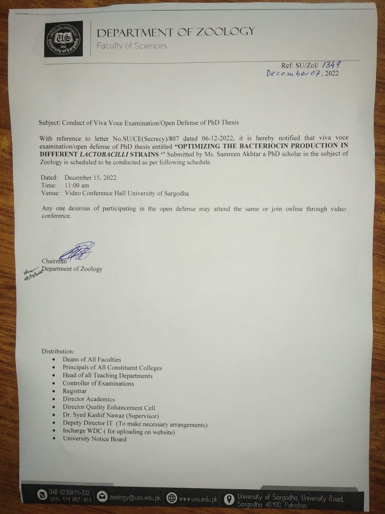 Conduct of Viva Voce Examination/Open Defense of PhD Thesis(Department of Zoology)